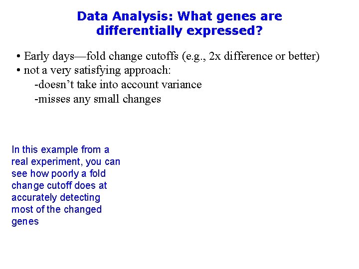 Data Analysis: What genes are differentially expressed? • Early days—fold change cutoffs (e. g.