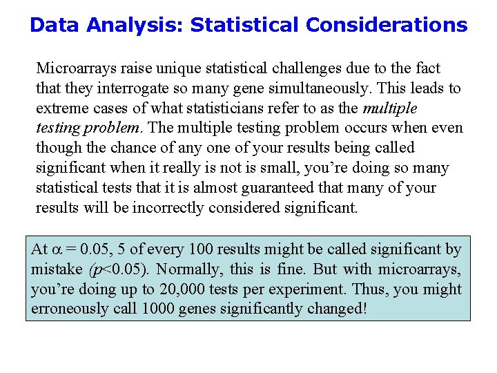 Data Analysis: Statistical Considerations Microarrays raise unique statistical challenges due to the fact that