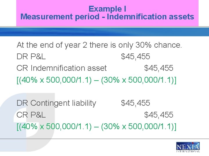 Example I Measurement period - Indemnification assets At the end of year 2 there