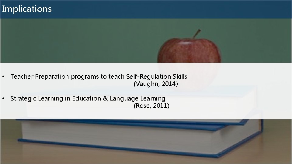 Implications • Teacher Preparation programs to teach Self-Regulation Skills (Vaughn, 2014) • Strategic Learning