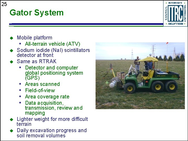 25 Gator System u u u Mobile platform • All-terrain vehicle (ATV) Sodium iodide