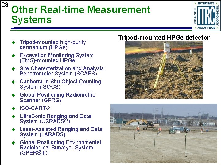 28 Other Real-time Measurement Systems u u u u u Tripod-mounted high-purity germanium (HPGe)