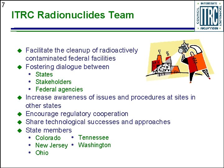 7 ITRC Radionuclides Team u u u Facilitate the cleanup of radioactively contaminated federal