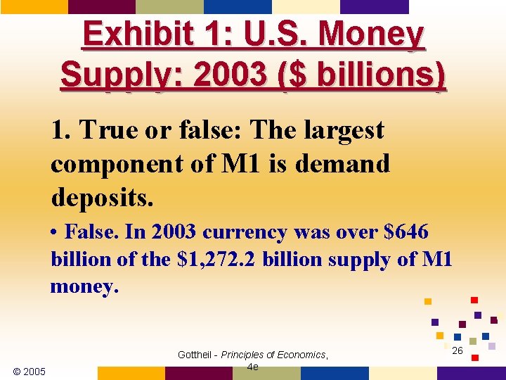 Exhibit 1: U. S. Money Supply: 2003 ($ billions) 1. True or false: The