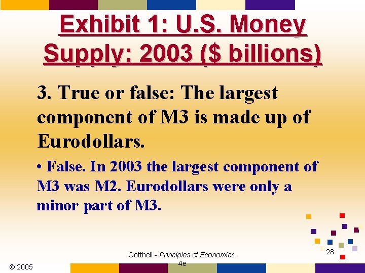 Exhibit 1: U. S. Money Supply: 2003 ($ billions) 3. True or false: The