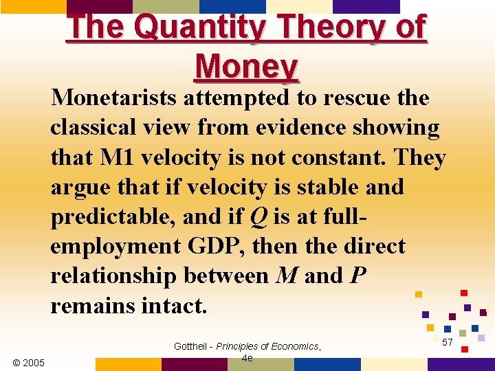 The Quantity Theory of Money Monetarists attempted to rescue the classical view from evidence