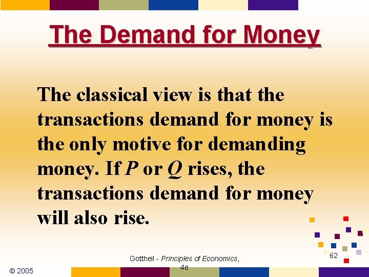 The Demand for Money The classical view is that the transactions demand for money