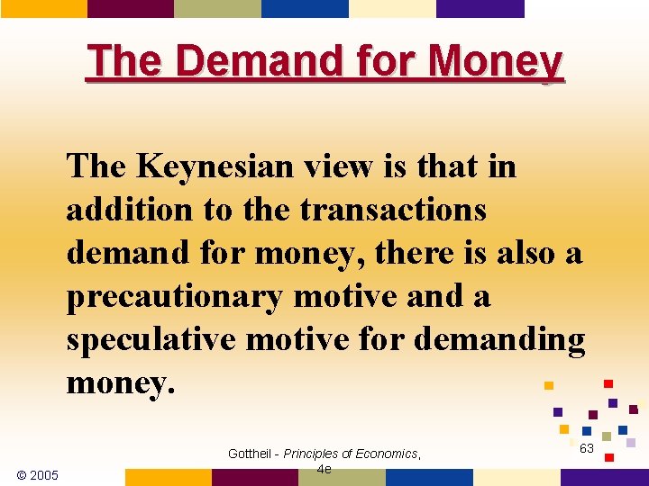 The Demand for Money The Keynesian view is that in addition to the transactions