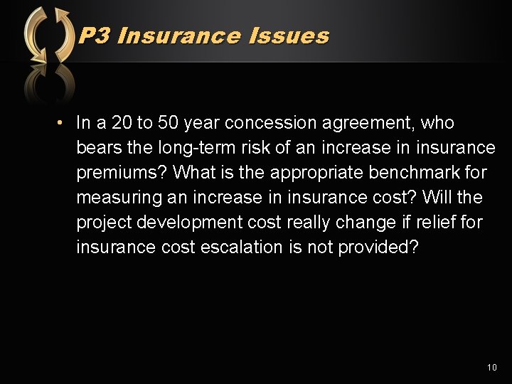P 3 Insurance Issues • In a 20 to 50 year concession agreement, who