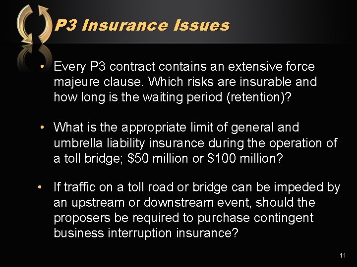 P 3 Insurance Issues • Every P 3 contract contains an extensive force majeure