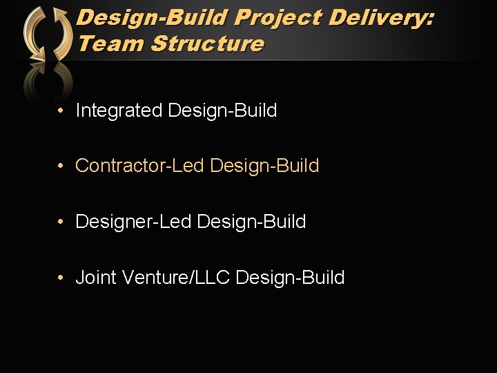 Design-Build Project Delivery: Team Structure • Integrated Design-Build • Contractor-Led Design-Build • Designer-Led Design-Build