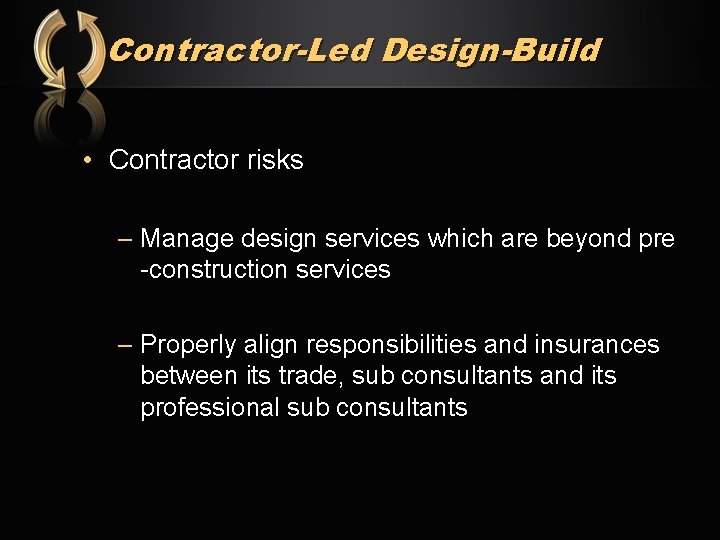 Contractor-Led Design-Build • Contractor risks – Manage design services which are beyond pre -construction