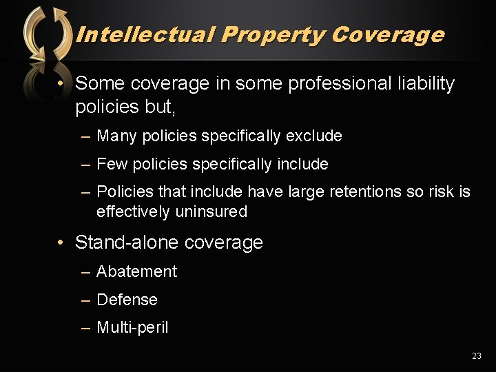 Intellectual Property Coverage • Some coverage in some professional liability policies but, – Many
