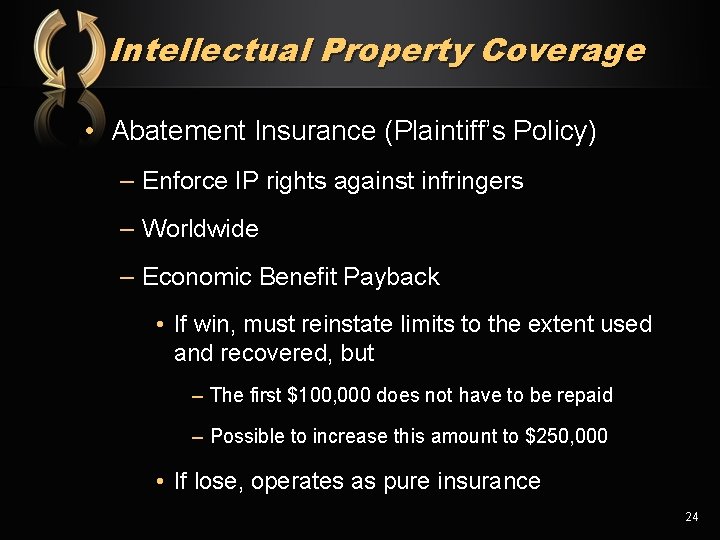 Intellectual Property Coverage • Abatement Insurance (Plaintiff’s Policy) – Enforce IP rights against infringers