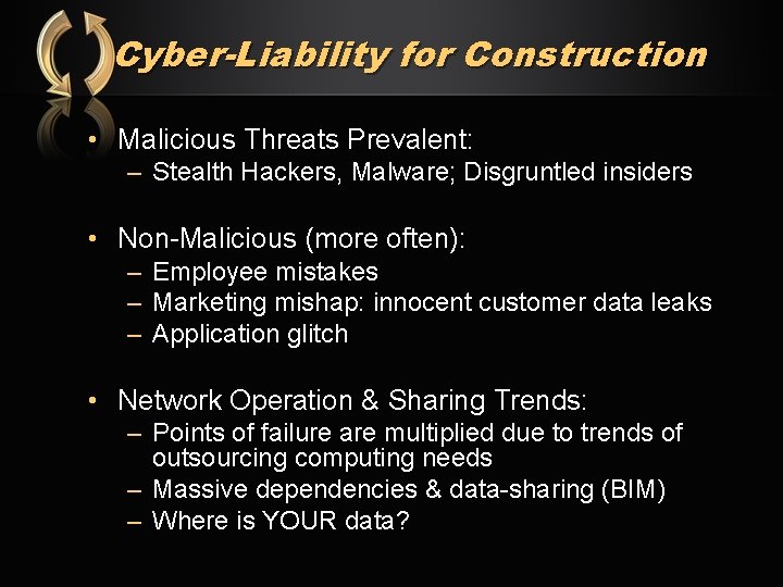 Cyber-Liability for Construction • Malicious Threats Prevalent: – Stealth Hackers, Malware; Disgruntled insiders •