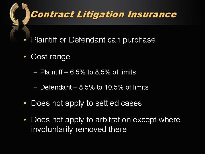 Contract Litigation Insurance • Plaintiff or Defendant can purchase • Cost range – Plaintiff