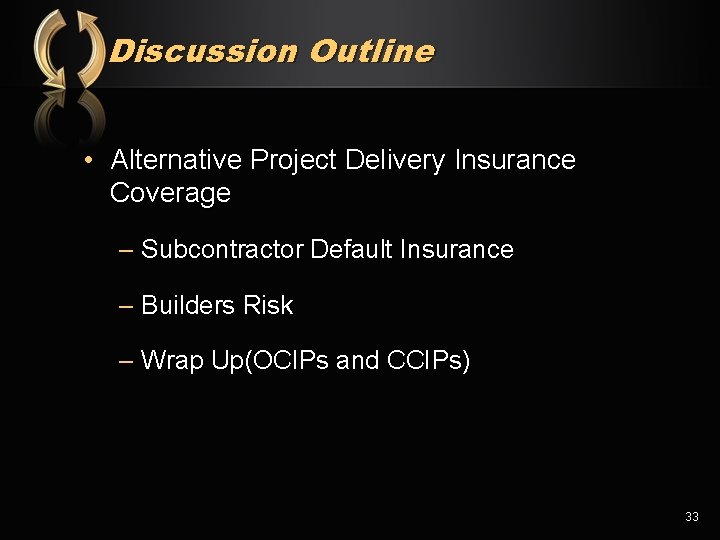 Discussion Outline • Alternative Project Delivery Insurance Coverage – Subcontractor Default Insurance – Builders