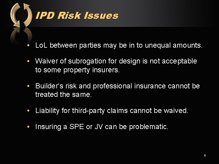 IPD Risk Issues • Lo. L between parties may be in to unequal amounts.