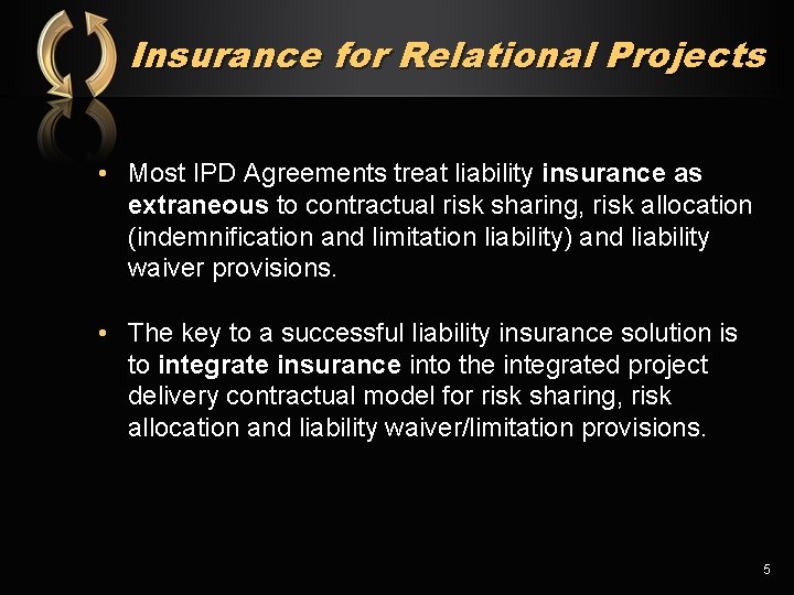 Insurance for Relational Projects • Most IPD Agreements treat liability insurance as extraneous to