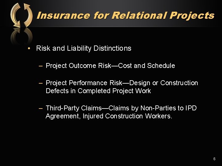 Insurance for Relational Projects • Risk and Liability Distinctions – Project Outcome Risk—Cost and