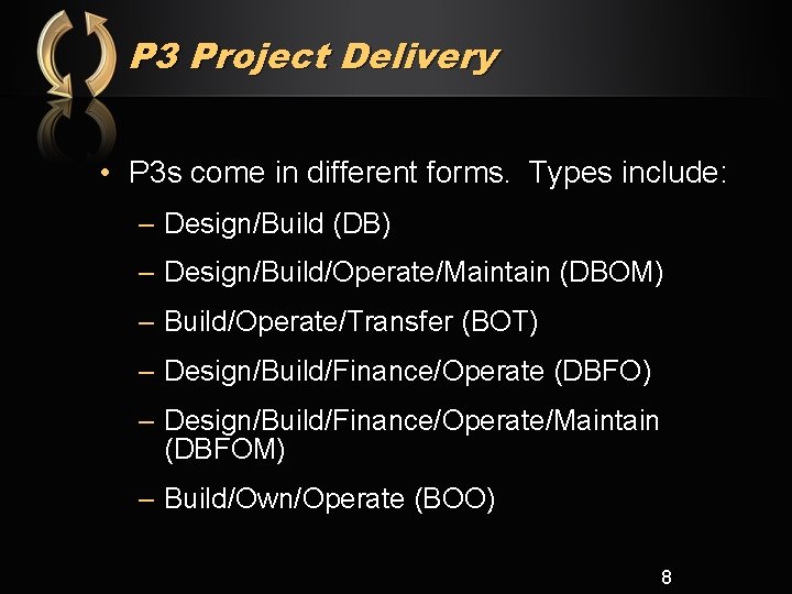 P 3 Project Delivery • P 3 s come in different forms. Types include: