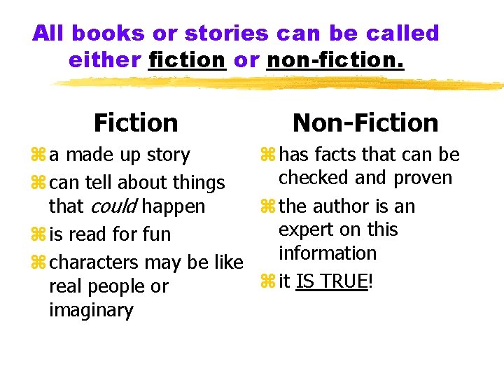 All books or stories can be called either fiction or non-fiction. Fiction Non-Fiction z