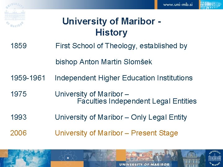 University of Maribor History 1859 First School of Theology, established by bishop Anton Martin