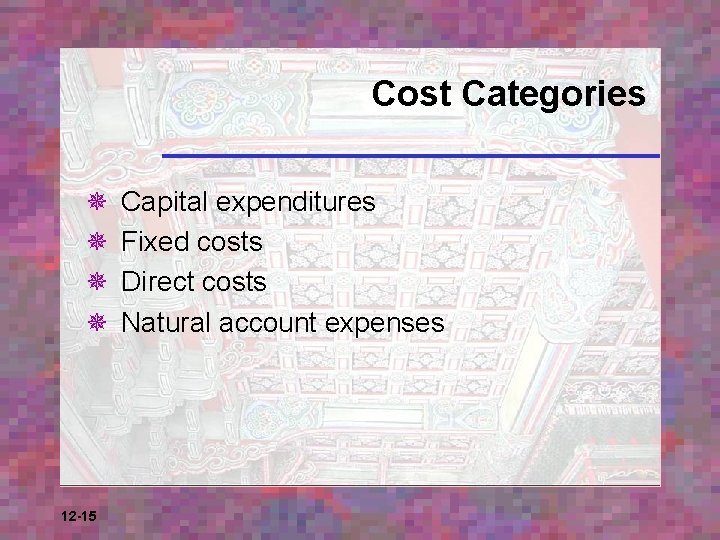 Cost Categories ¯ ¯ 12 -15 Capital expenditures Fixed costs Direct costs Natural account