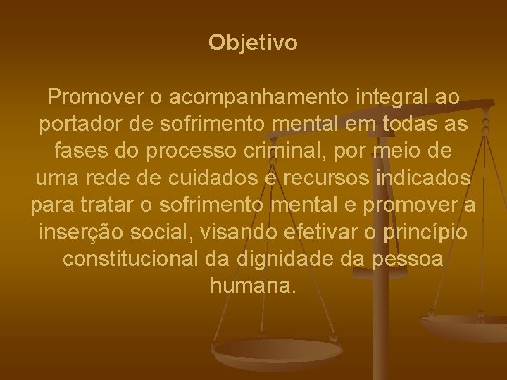 Objetivo Promover o acompanhamento integral ao portador de sofrimento mental em todas as fases