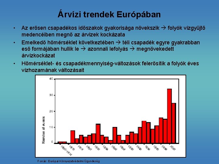 Árvízi trendek Európában • • • Az erősen csapadékos időszakok gyakorisága növekszik folyók vízgyűjtő