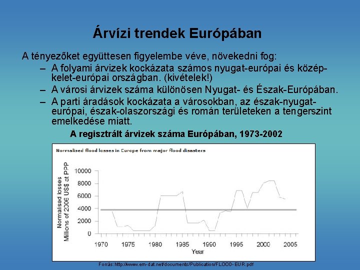 Árvízi trendek Európában A tényezőket együttesen figyelembe véve, növekedni fog: – A folyami árvizek