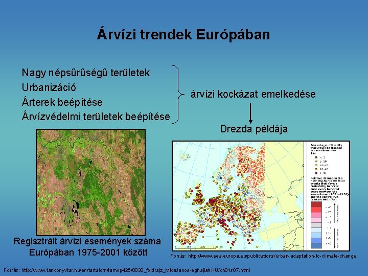 Árvízi trendek Európában Nagy népsűrűségű területek Urbanizáció Árterek beépítése Árvízvédelmi területek beépítése árvízi kockázat