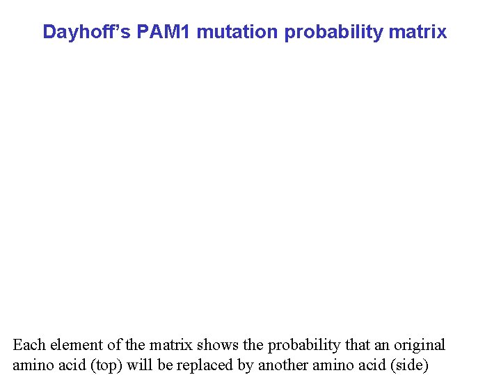 Dayhoff’s PAM 1 mutation probability matrix Each element of the matrix shows the probability