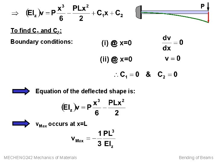 P To find C 1 and C 2: Boundary conditions: (i) @ x=0 (ii)