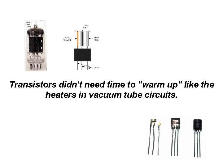 Transistors didn't need time to "warm up" like the heaters in vacuum tube circuits.