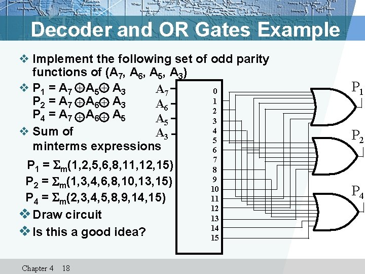 Decoder and OR Gates Example v Implement the following set of odd parity functions