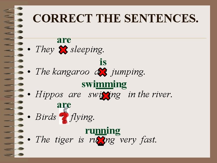 CORRECT THE SENTENCES. are • They is sleeping. is • The kangaroo are jumping.