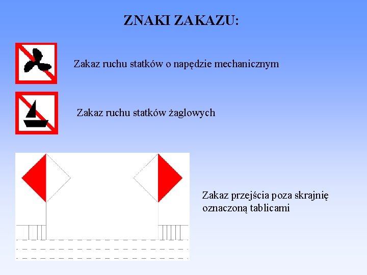 ZNAKI ZAKAZU: Zakaz ruchu statków o napędzie mechanicznym Zakaz ruchu statków żaglowych Zakaz przejścia