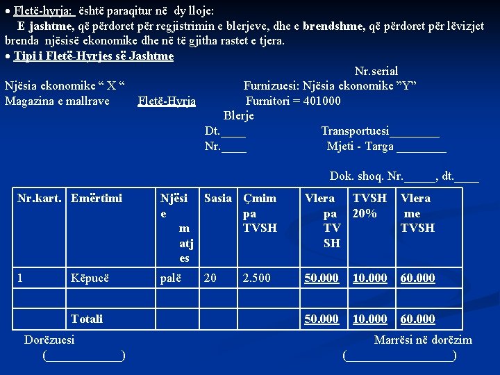  Fletë-hyrja: është paraqitur në dy lloje: E jashtme, që përdoret për regjistrimin e