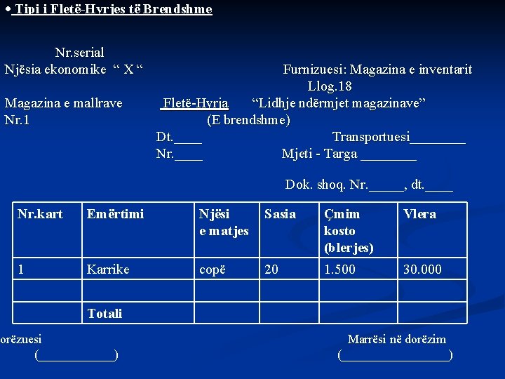  Tipi i Fletë-Hyrjes të Brendshme Nr. serial Njësia ekonomike “ X “ Furnizuesi: