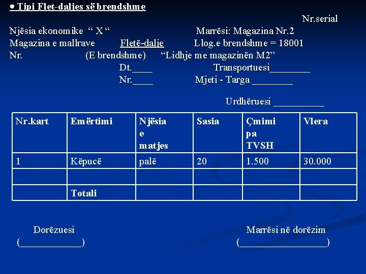  Tipi Flet-daljes së brendshme Nr. serial Njësia ekonomike “ X “ Marrësi: Magazina