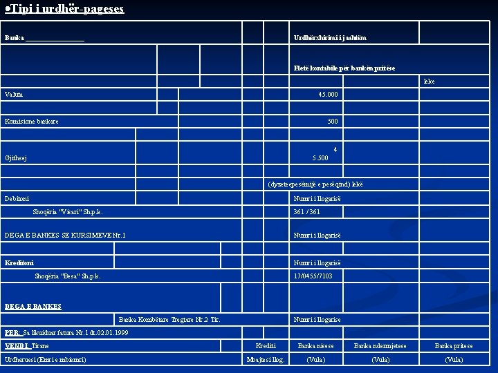  Tipi i urdhër-pageses Banka _________ Urdhërxhirimi i jashtëm Fletë kontabile për bankën pritëse