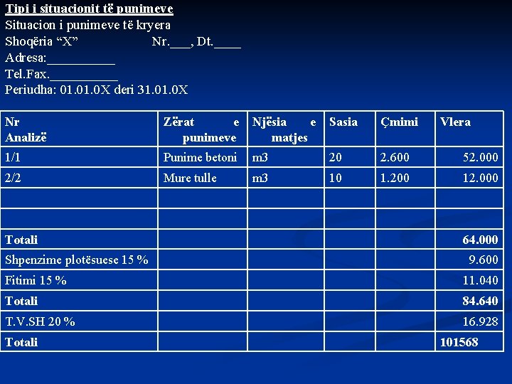 Tipi i situacionit të punimeve Situacion i punimeve të kryera Shoqëria “X” Nr. ___,