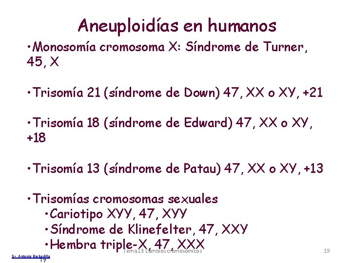 Aneuploidías en humanos • Monosomía cromosoma X: Síndrome de Turner, 45, X • Trisomía