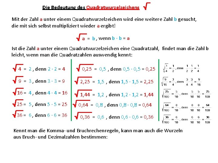 Die Bedeutung des Quadratwurzelzeichens Mit der Zahl a unter einem Quadratwurzelzeichen wird eine weitere