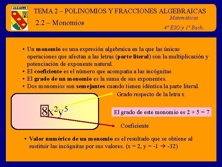 TEMA 2 – POLINOMIOS Y FRACCIONES ALGEBRAICAS Matemáticas 2. 2 – Monomios 4º ESO