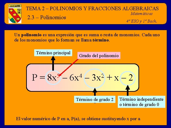 TEMA 2 – POLINOMIOS Y FRACCIONES ALGEBRAICAS Matemáticas 2. 3 – Polinomios 4º ESO