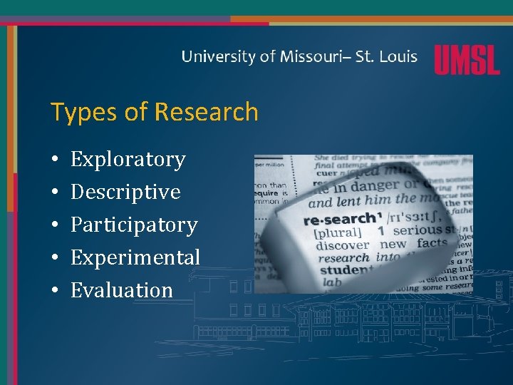 Types of Research • • • Exploratory Descriptive Participatory Experimental Evaluation 