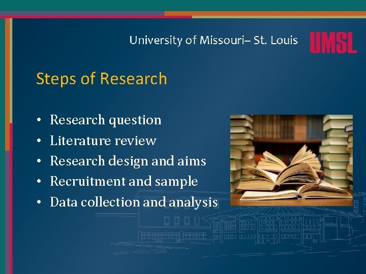 Steps of Research • • • Research question Literature review Research design and aims