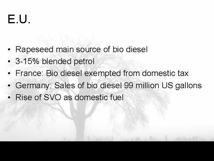 E. U. • • • Rapeseed main source of bio diesel 3 -15% blended